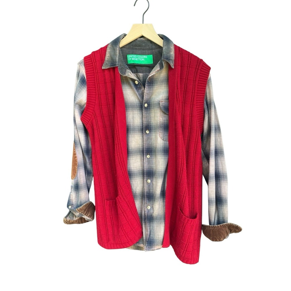 Vintage 60s Sears Red Open Front Knit Cardigan Sweater Vest M Orlon Grid USA